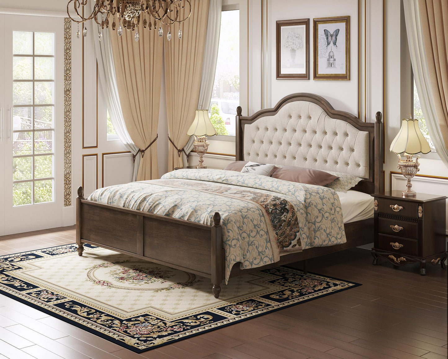 LUXOAK Queen Size Solid Wood Bed Frame with Upholstered Camelback Headboard - WoodArtSupply