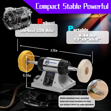 OPAVIOC Jewelry Polisher - Adjustable Variable Speed Bench Grinder Polishing & Buffing Machine, Dental Buffer & Lathe - Includes 2 Cotton Buffs, 2 Abrasive Fiber Wheels, Safety Glass, Polish Compound OPAVIOC