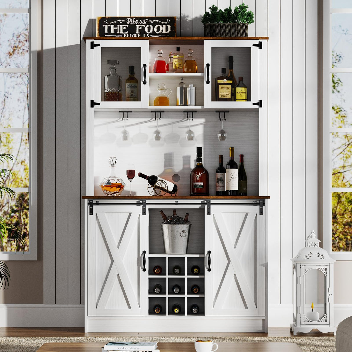 4ever2buy Farmhouse Coffee Bar Cabinet with Hutch, 72'' White Hutch Cabinet with 2 Glass Doors, Tall Wine Bar Cabinet with 9 Wine Racks, Coffee Bar Hutch with Storage for Living Room 4ever2buy