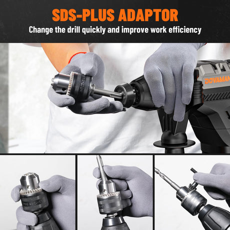 DOVAMAN RH15A 1-9/16'' SDS-Plus Rotary Hammer Drill, 4 in 1 Functions, Multi-material Use, Safety Clutch, 6 Speeds, SDS-Plus Adaptor, 4350BPM/900RPM, Vibration Control, Demolition Hammer for Concrete DOVAMAN
