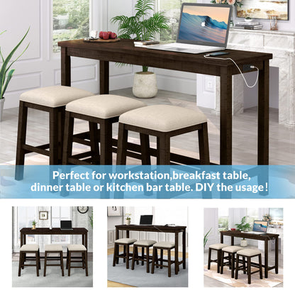 Merax Rustic 4-Piece Counter Height Bar Table Set with Charging Socket and Fabric Padded Stools in Brown