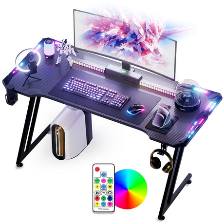 MINOMAC Gaming Desk with LED Lights,63 inch Carbon Fiber Surface RGB Gaming Computer Table, 384 Color Mode with Remote Control, Cup Holder and Headphone Hook - Black (63X24IN) MINOMAC