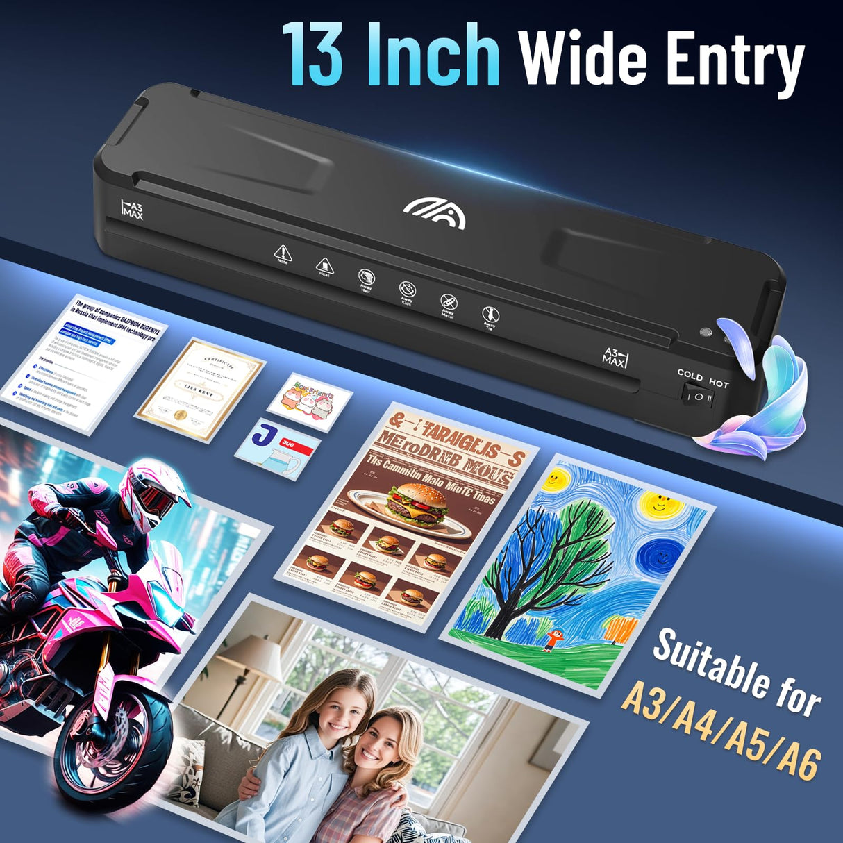 13 Inch Laminator Machine with 50 Laminating Sheets, Fast Warm-Up No Jam A3 Laminator, 11x17 Cold & Thermal Laminating Machine for Home School Office Raycial