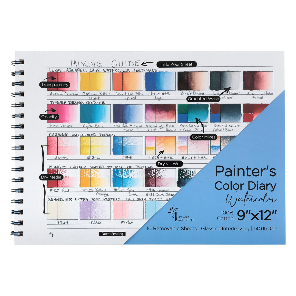 HG Art Concepts Painters Color Diary - 9x12", 140lb Spiral-Bound Acid-Free Color Swatch Book with 10 Pages for Watercolor & Mixed Media - Single HG Art Concepts