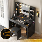 Vabches Makeup Vanity Table with Lighted Mirror & Power Strip, Large Vanity Set Vanity Desk with Lots Storage, 3 Lighting Modes, Brightness Adjustable, 45.2in(Large, Black) Vabches
