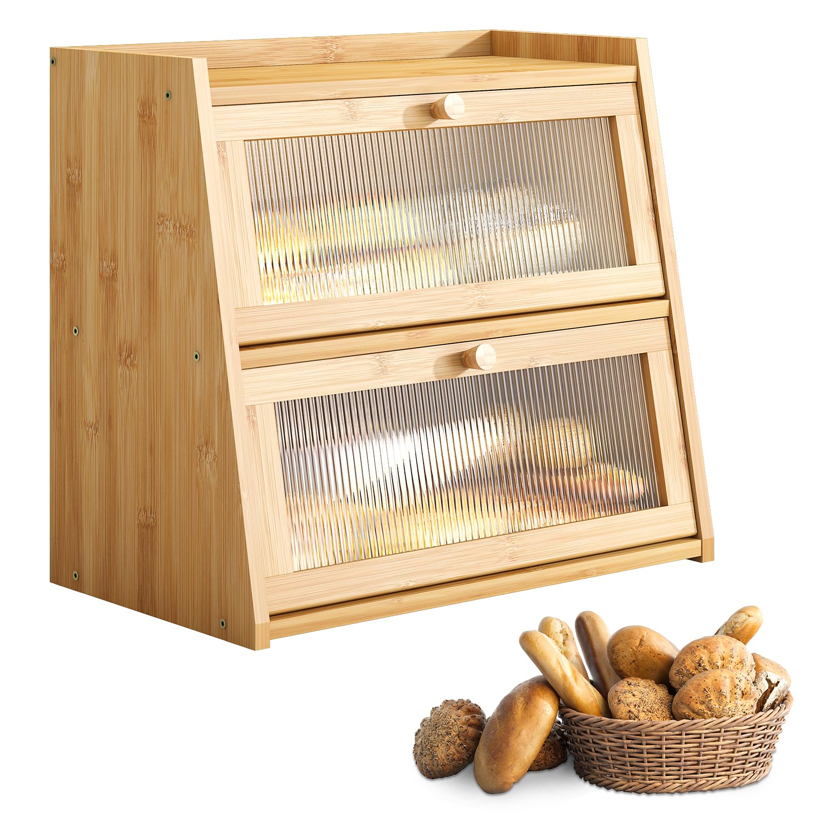 BMOSU Large Bread Box for Kitchen Countertop Double Layer Bread Box Farmhouse Bamboo Bread Box Self-Assembling (Natural) - WoodArtSupply