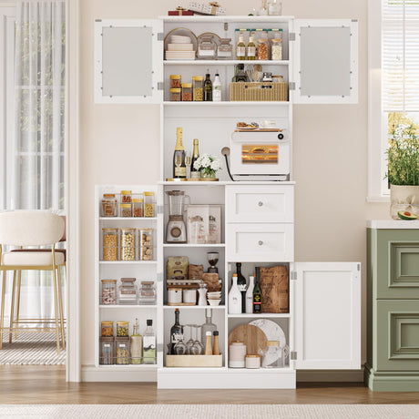 BOTLOG 72" Pantry Cabinet, Tall Storage Cabinet with Microwave Stand, Modern Kitchen Hutch with Glass Doors and Adjustable Shelf for Kitchen, Dining Room, White BOTLOG