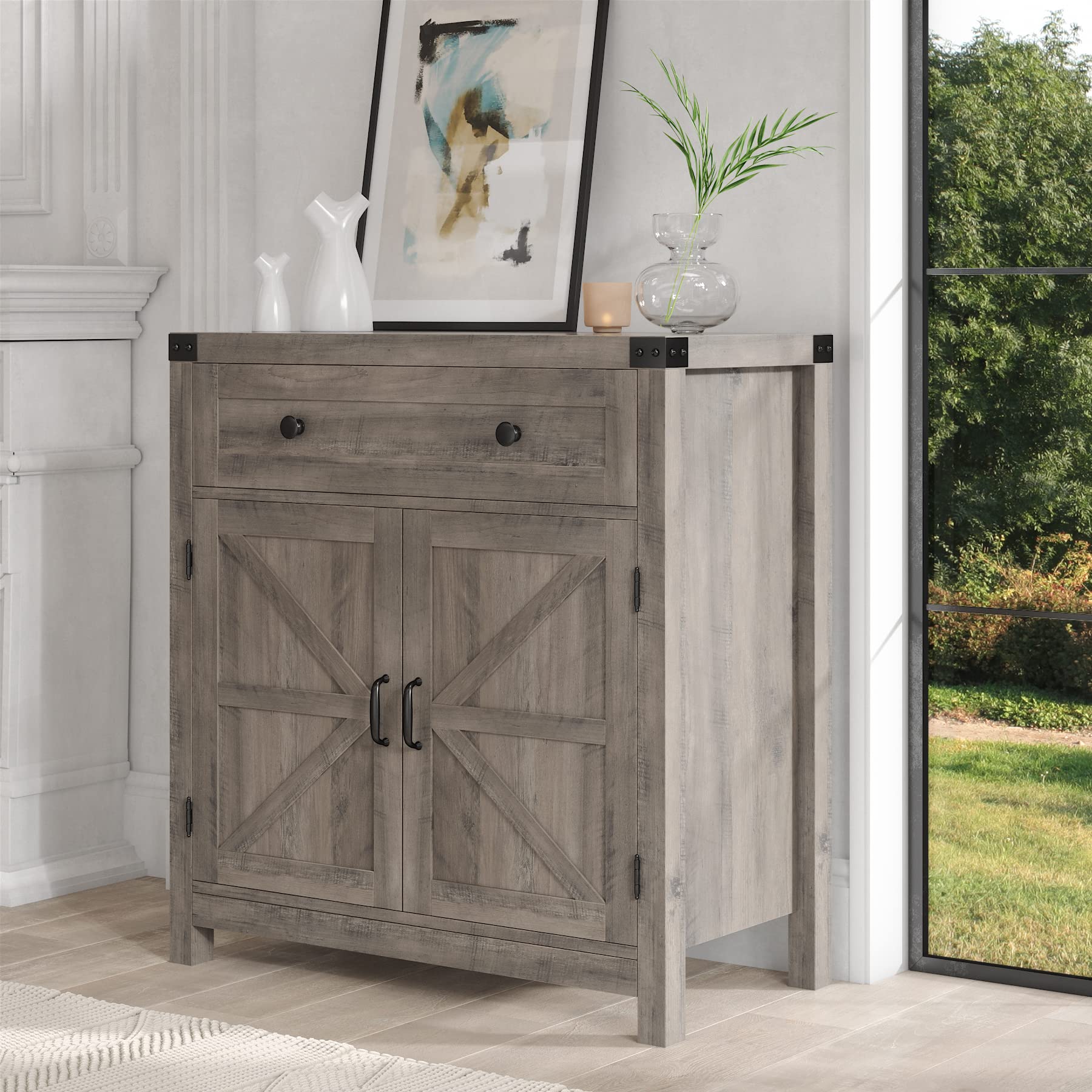 HOSTACK Coffee Bar Cabinet, Modern Farmhouse Buffet Sideboard with Drawer and Adjustable Shelf, Barn Door Storage Cabinet for Kitchen, Dining Room, Bathroom, Entryway, Ash Grey - WoodArtSupply