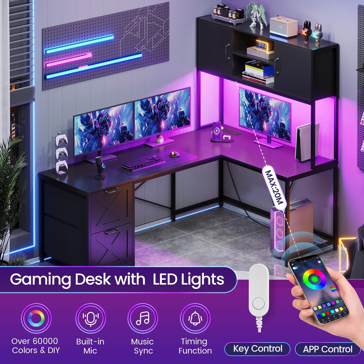 SEDETA Corner Computer Desk, Reversible L Shaped Computer Desk with Fabric Drawers and Power Outlet, Gaming Desk with Led Lights, Hutch and Storage Shelf for Home Office, Black - WoodArtSupply