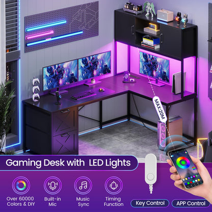 SEDETA Corner Computer Desk, Reversible L Shaped Computer Desk with Fabric Drawers and Power Outlet, Gaming Desk with Led Lights, Hutch and Storage Shelf for Home Office, Black - WoodArtSupply