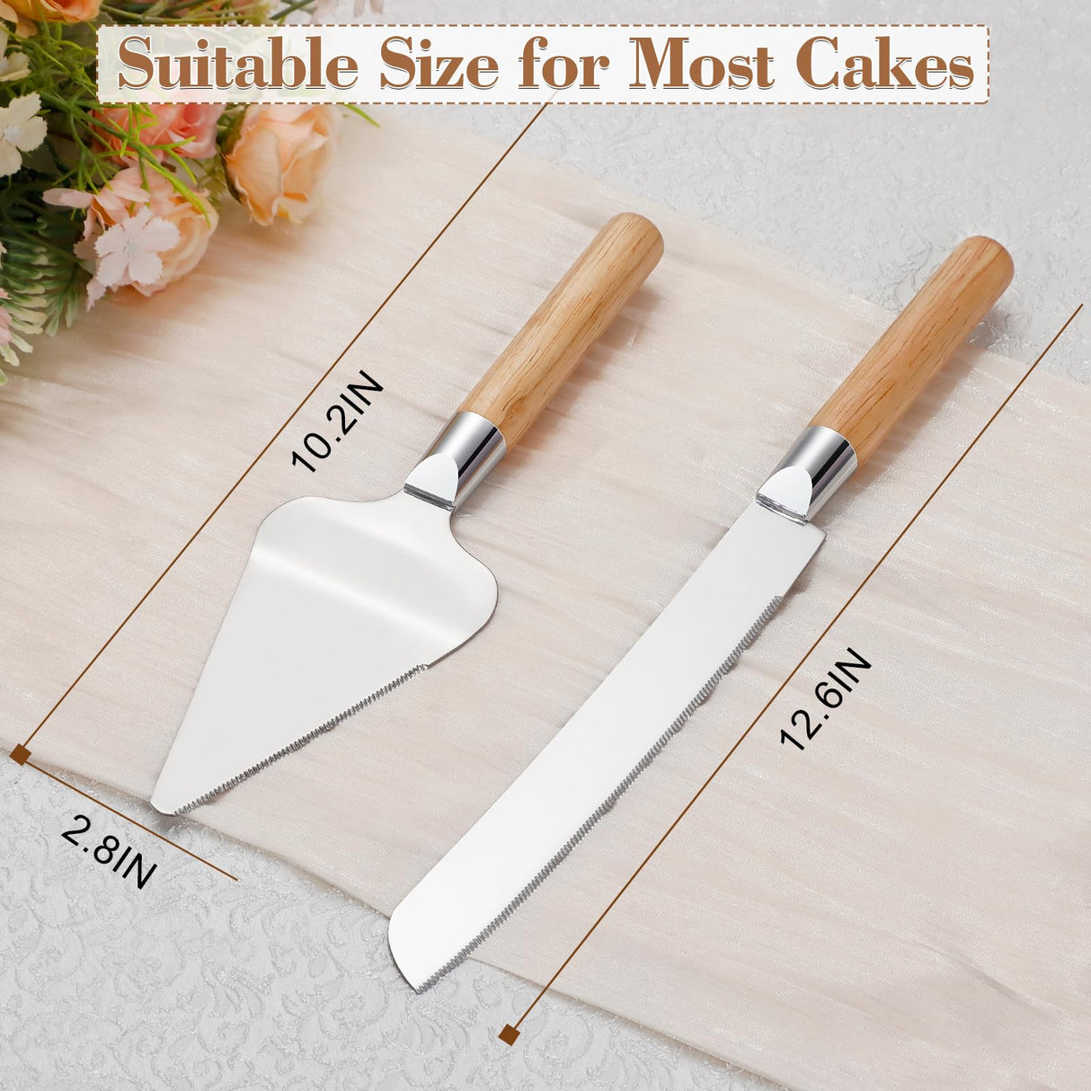 Cake Cutting Set for Wedding, Wood Cake Knife and Server Set, Vintage 2-Piece Pie Cutter Serving Set, Serrated Pizza Dessert Utensils, Bridal Anniversary Birthday Quinceañera Gift TUKDAK