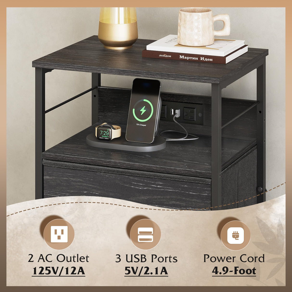 WLIVE LED Nightstand with Charging Station, Night Stand with 3 Fabric Drawers and Storage Shelf, Small Dresser for Small Space, 31.9" H Bedside Table for Bedroom, Charcoal Black Wood Grain Print WLIVE