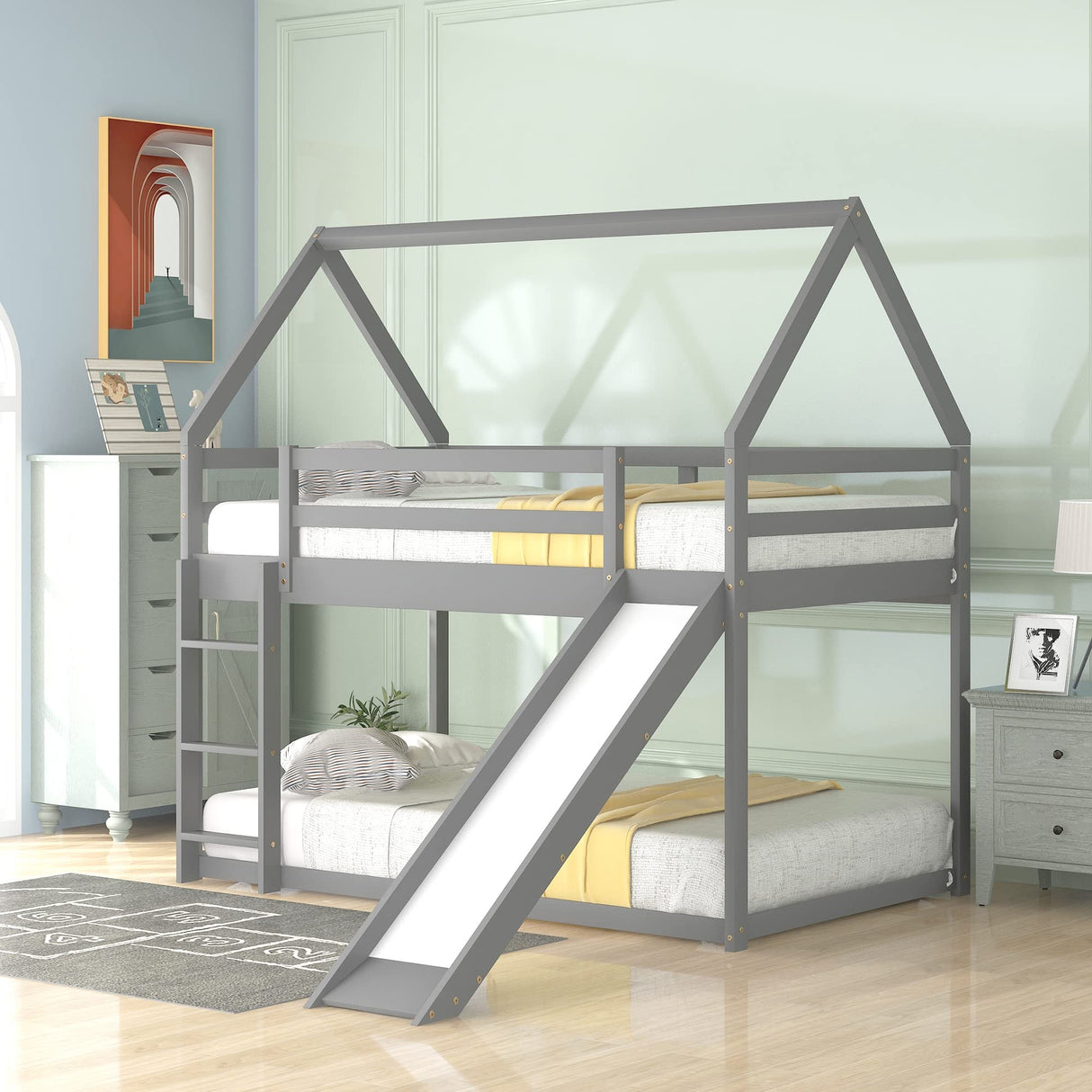 Harper & Bright Designs Twin Bunk Beds for Kids,Wood House Bunk Bed Twin Over Twin,Kids Bunk Bed with Slide and Roof for Girls Boys,Grey Harper & Bright Designs