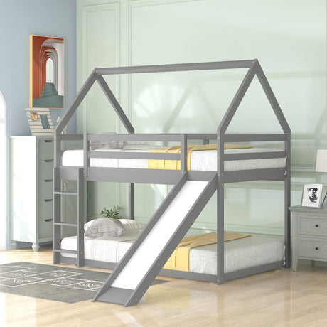 Harper & Bright Designs Twin Bunk Beds for Kids,Wood House Bunk Bed Twin Over Twin,Kids Bunk Bed with Slide and Roof for Girls Boys,Grey Harper & Bright Designs