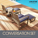 LOKATSE HOME 5-Piece Wicker Outdoor Conversation Set Patio Furniture PE Rattan All Weather Cushioned Chairs Balcony Porch with Ottoman and Glass Coffee Side Table, Blue LOKATSE HOME