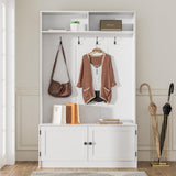 MHOM White Hall Tree with Storage Bench, 65" Tall Entryway Bench with Shoe Storage, Coat Rack and Top Shelf, Freestanding Wooden Hall Tree with Bench for Entryway, and Hallway MHOM