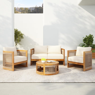 VilroCaz 4-Piece Patio Conversation Set, All Weather Sectional Sofa Set w/ 2 Chairs, Loveseat & Table Premium, Acacia Wood Outdoor Furniture Set with Woven Rope Accents and Cushions (Teak+Beige)