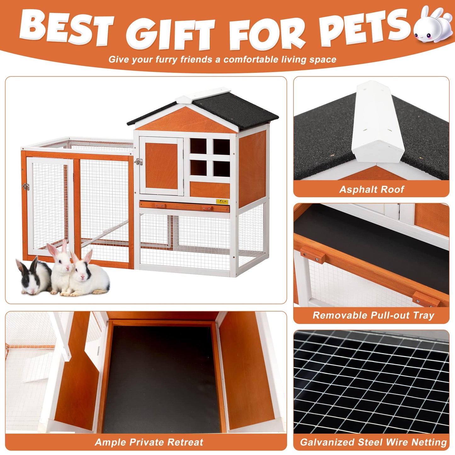 Rabbit Hutch Indoor Bunny Cage Outdoor Wooden Chicken Coop Small Animal Enclosure with Pull Out Tray & Weatherproof Asphalt Roof,48" L x 24" W x 35" H Orange