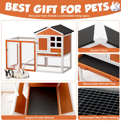 Rabbit Hutch Indoor Bunny Cage Outdoor Wooden Chicken Coop Small Animal Enclosure with Pull Out Tray & Weatherproof Asphalt Roof,48" L x 24" W x 35" H Orange