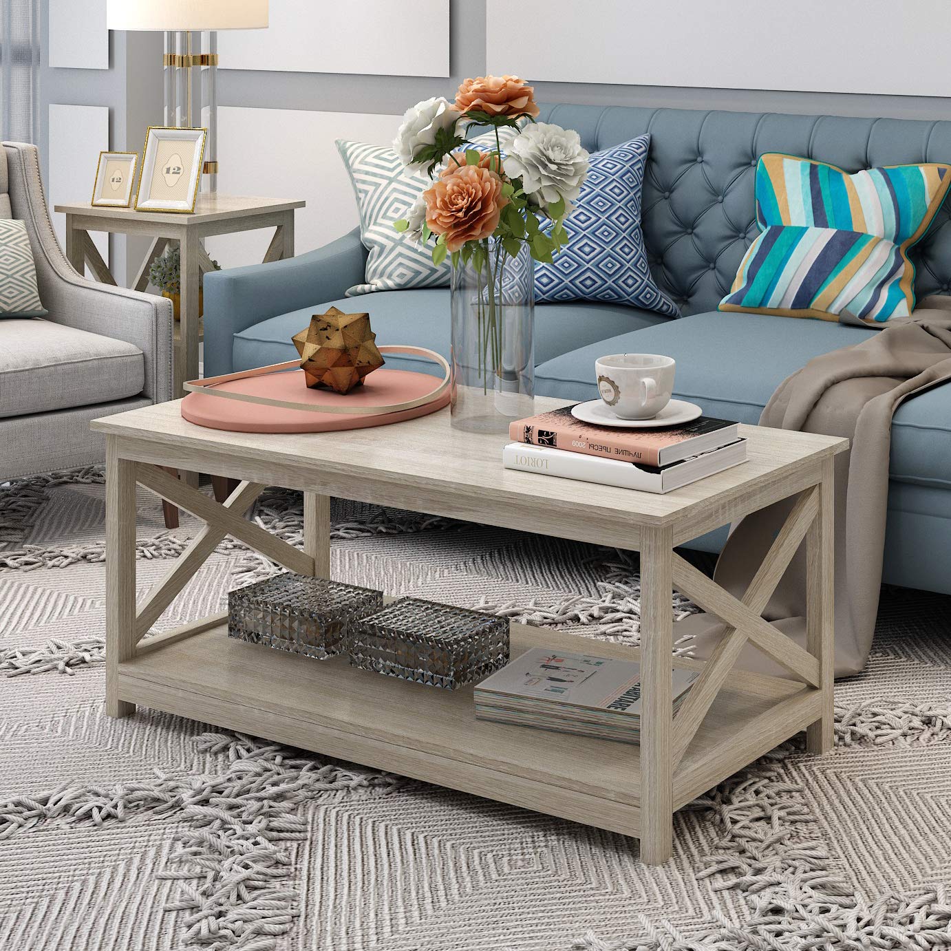 Rainbow Sophia Coffee Table, Modern Farmhouse Wood Coffee Table with 2-Tier Storage, 40 Inch, White Oak - WoodArtSupply