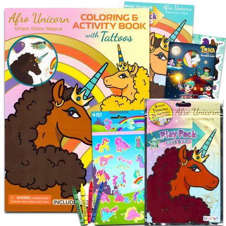 Afro Unicorn Activity and Coloring Book Bundle - Unicorn Coloring Set for Black Girls Includes Afro Unicorn Coloring Book and Play Pack with Tattoos, Stickers, More (Coloring Books for Black Kids) Game Party