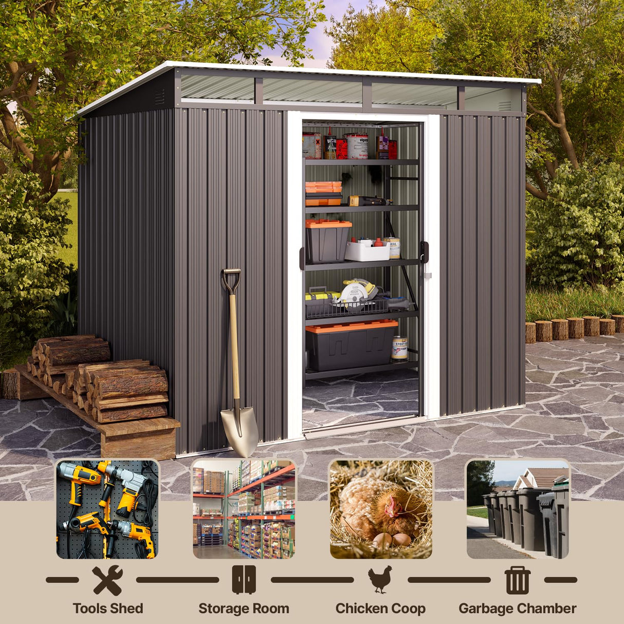 Gizoon 7.4'x5.3' Outdoor Storage Shed Metal Garden Shed with Sliding Lockable Doors, Versatile Tool Bike Shed with Transparent Panel Windows, Outdoor Storage Clearance for Backyard, Patio, Dark Gray Gizoon