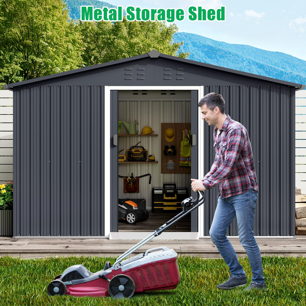 Acekool 10x12 FT Outdoor Metal Storage Shed, Large Garden Tool Shed with Lockable Door and Vents, Waterproof Galvanized Metal Sheds for Tools & Equipment, Garbage Can, Bike, Mower, Gray Acekool