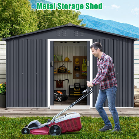 Acekool 10x12 FT Outdoor Metal Storage Shed, Large Garden Tool Shed with Lockable Door and Vents, Waterproof Galvanized Metal Sheds for Tools & Equipment, Garbage Can, Bike, Mower, Gray Acekool