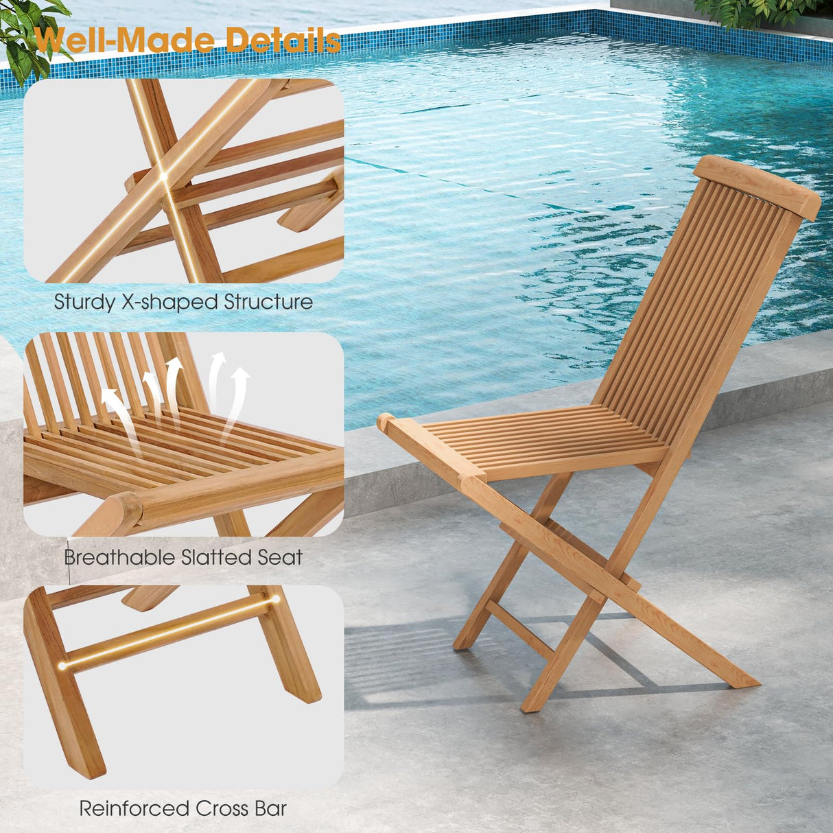 Tangkula 2 Piece Wood Patio Folding Chair, Sturdy Teak High-Back Chair with Slatted Design, Portable & Lightweight Outdoor Dining Chair, Natural Appearance, Perfect for Backyard, Camping Tangkula