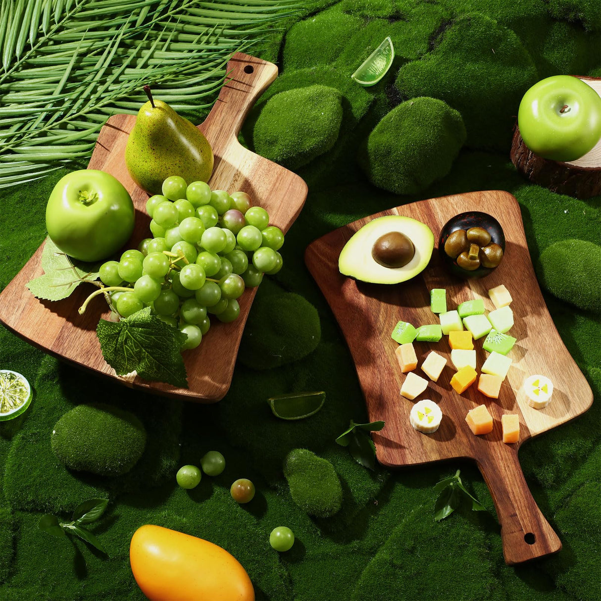 Layhit 6 Pack Thick Acacia Wood Cutting Board Wooden Serving Board Double Sided Serving Wood with Handle Chopping Boards for Kitchen Meat Charcuterie Cheese Bread Vegetables Fruits, 14 x 8.7 Inch Layhit