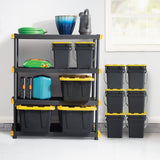 CX Black & Yellow®, Shelving Unit and Heavy Duty Storage Containers, Extremely Durable® (Shelf + 27 Gallon Container (8-Pack) CX