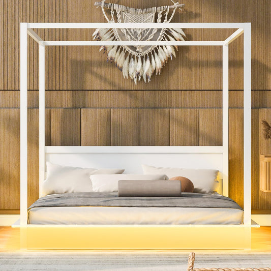 SOFTSEA Modern White Canopy Bed with LED Light and Wooden Platform Frame - WoodArtSupply