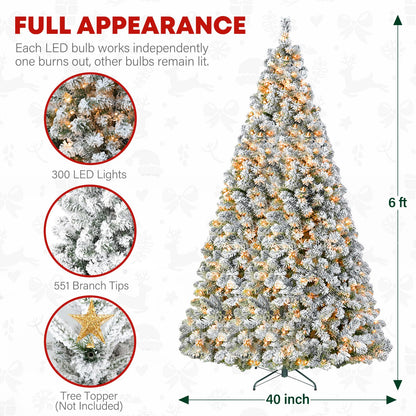 VIVATREES 6ft Prelit Snow Flocked Christmas Tree with 250 Warm White Lights, Artificial Holiday Xmas Tree with 551 PVC Branch Tips, Easy Assembly w/Metal Stand and Hinged Branches, 10 Color Modes