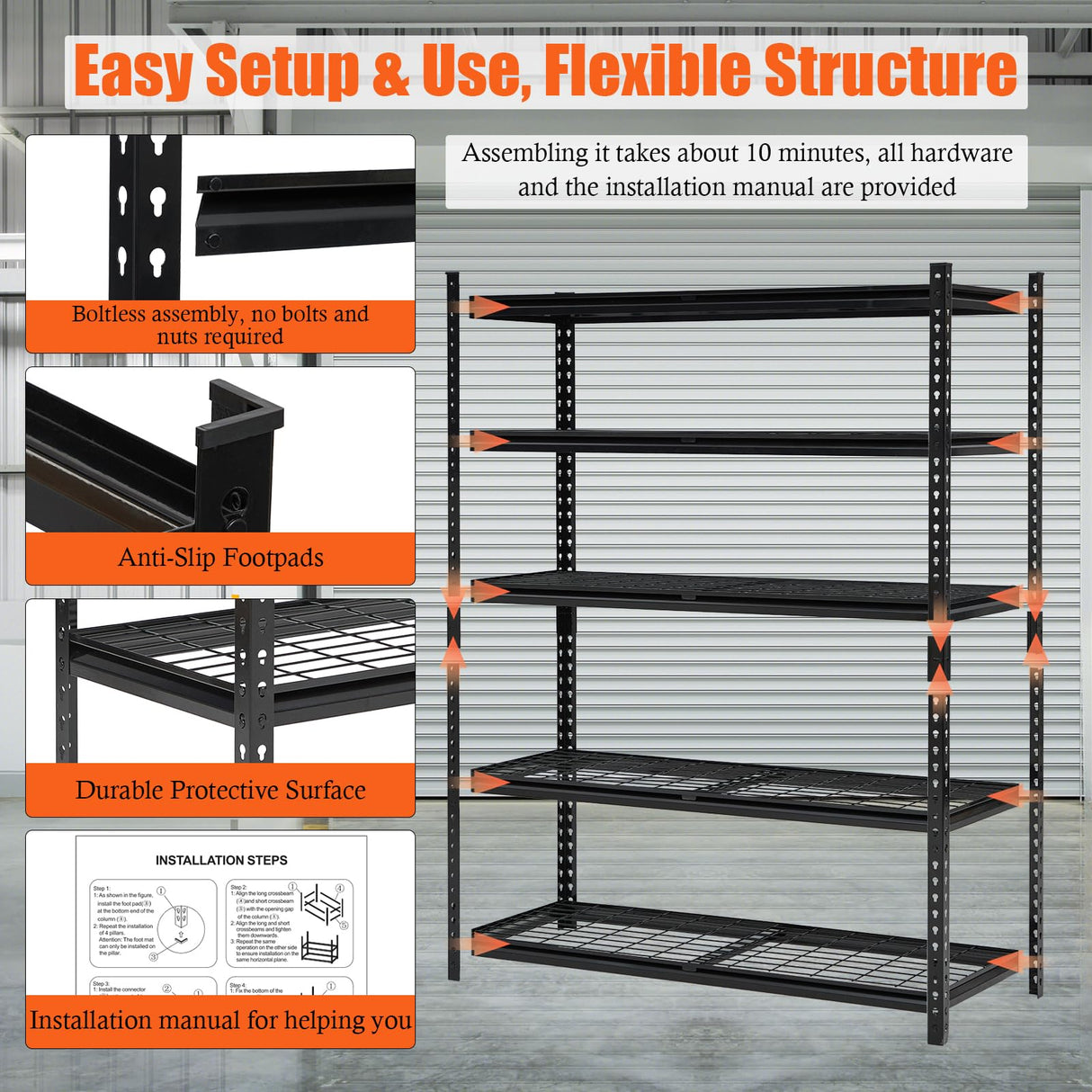 Heavy Duty Garage Shelving Units,5-Tier Adjustable Storage Shelves,60 in L x 24 in W x 72 in H,Loads 2000 LBSS,Adjustable Garage Storage Shelving, Metal Storage Utility Rack Shelf Unit Garvee