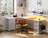 AODK 61" L Shaped Desk with Drawer, Computer Desk with Power Outlets & LED Lights, Reversible Corner Gaming Desk for Home Office Workstation, Office Desk with Monitor Shelf, Pure White AODK