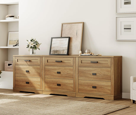 WAMPAT 3-in-1 Rustic Dresser Combo, Large Storage Chest of Drawers, 94.5" Wide Farmhouse Media Console, Vintage Oak WAMPAT
