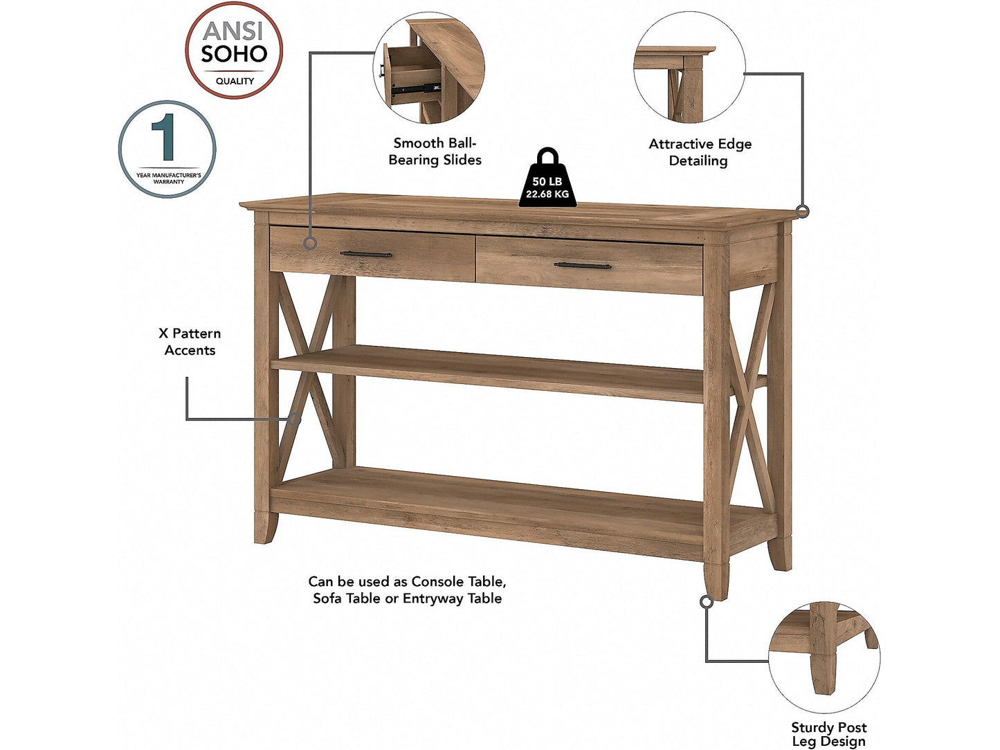 Bush KWT248RCP-03 Key West 47-Inch x 16-Inch Console Table w/Drawers and Shelves Reclaimed Pine - WoodArtSupply