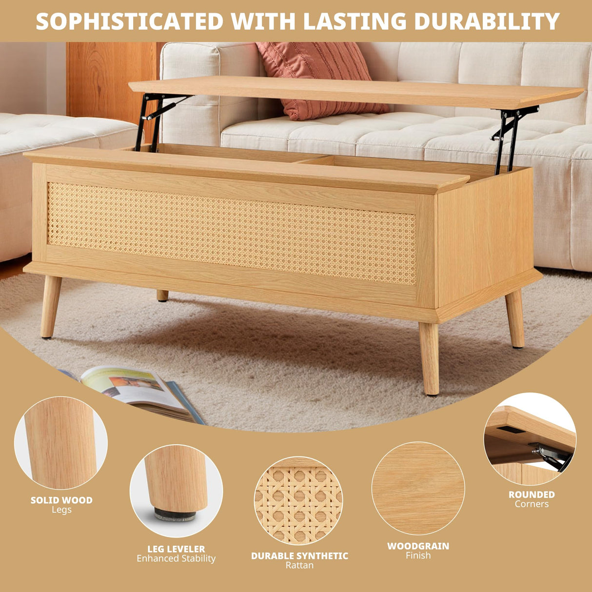 INK+IVY Coffee Table for Living Room Lift-Top Design with Storage, with Rattan Accent, Mid-Century Modern Décor Compact Furniture for Apartment, Home Office, 42" W, Natural INK+IVY