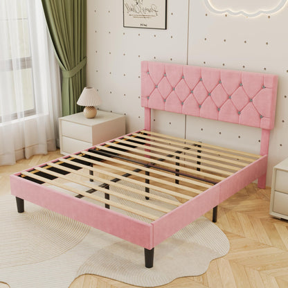 VECELO Queen Size Bed Frame, Upholstered Platform with Adjustable Diamond Tufted Headboard, Wood Slat Support, No Box Spring Needed, Pink