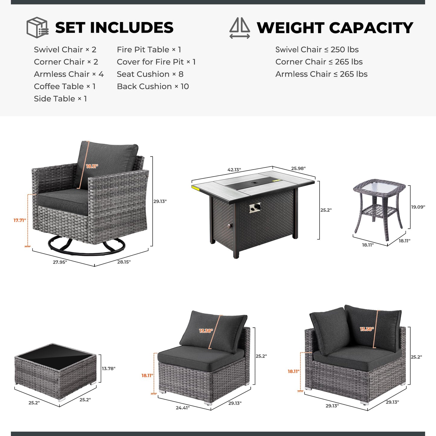 XIZZI Patio Furniture with 42" Fire Pit Table,11 Pieces All Weather Wicker Outdoor Sectional Sofa with Swivel Rocking Chairs,Patio Conversation Set for Balcony,Deck,and Backyard (Black) - WoodArtSupply