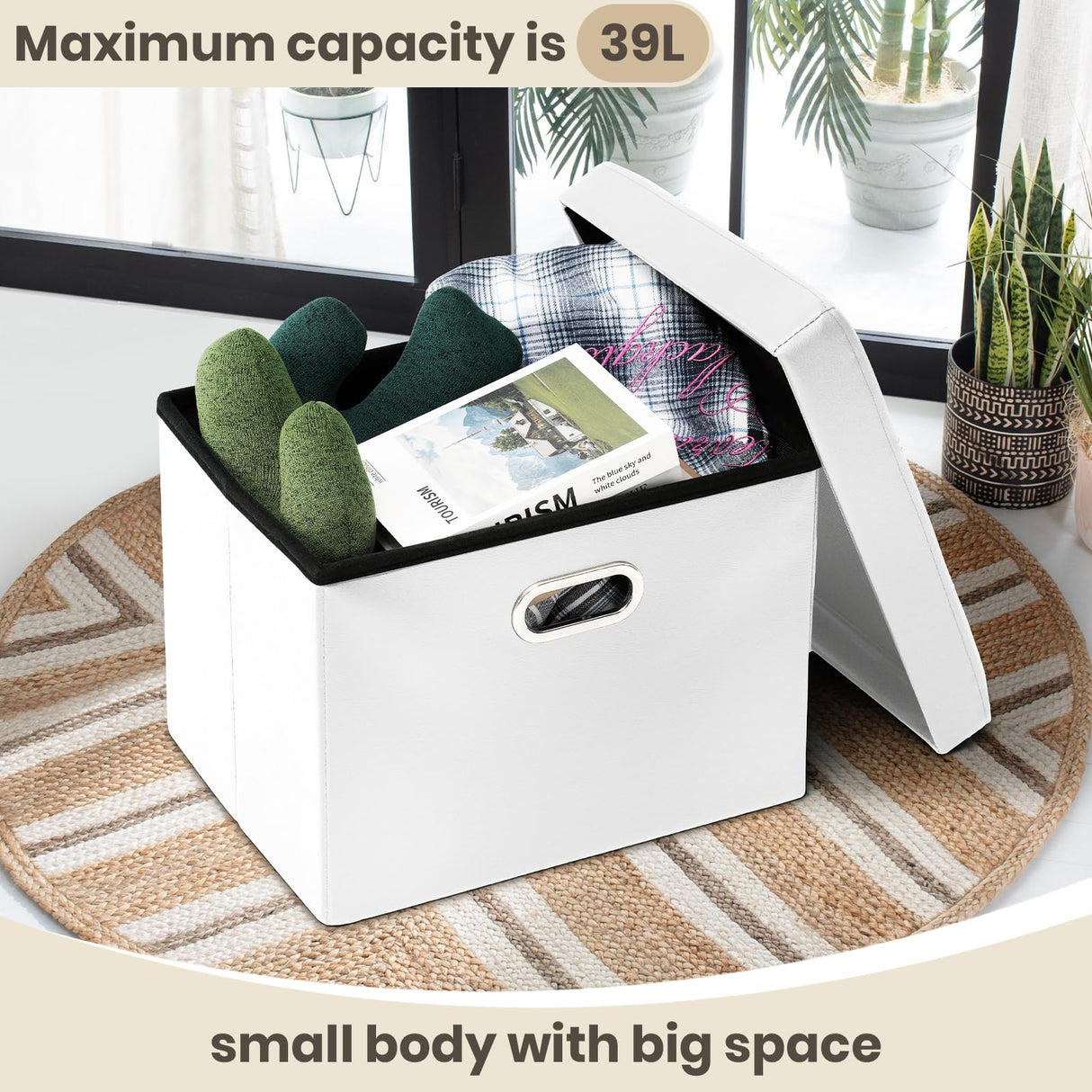 COSYLAND Storage Ottoman 17x13x13in Leather Ottoman Rectangle Foot Rest Foot Stool Folding Ottoman for Room Dorm Small Collapsible Bench Seat Organizer Entryway Furniture with Handles Lid White COSYLAND