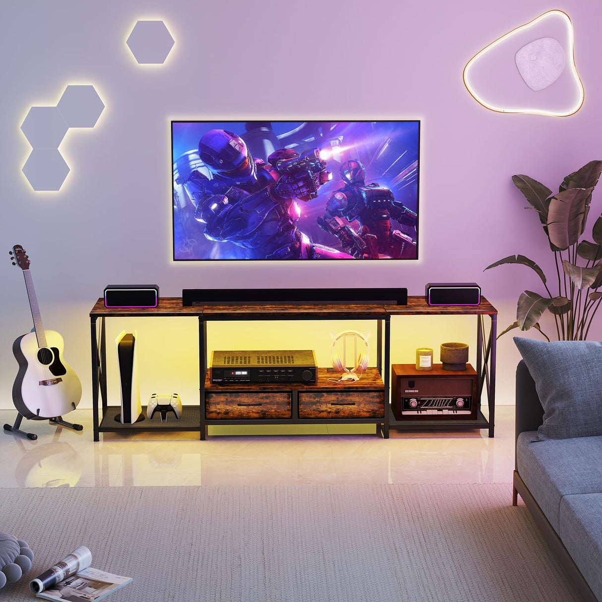 Zevemomo 66.5" LED TV Stand, TV Stands for 55/60/75 Inch TV, Console Tables with LED Strip Lights, Entertainment Center with 4 AC Outlets & 2 USB Ports, Open Storage Shelves for Living Room-Brown Zevemomo