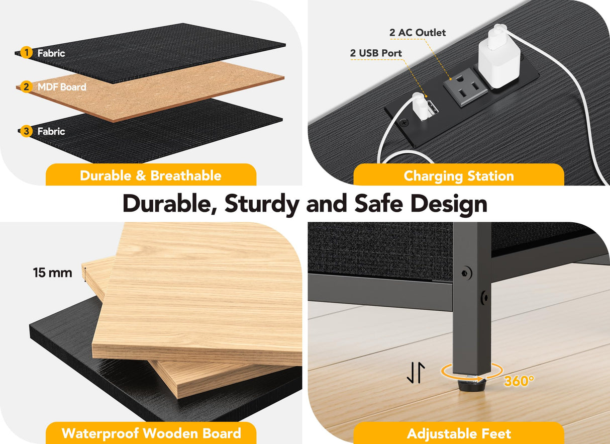 Decofy Dresser for Bedroom with LED Lights and Power Outlets, 8 Drawers TV Stand Dresser for 65 Inch TV, Fabric Chest of Drawers with Open Shelves, Black Dressers for Bedroom, Closet Decofy