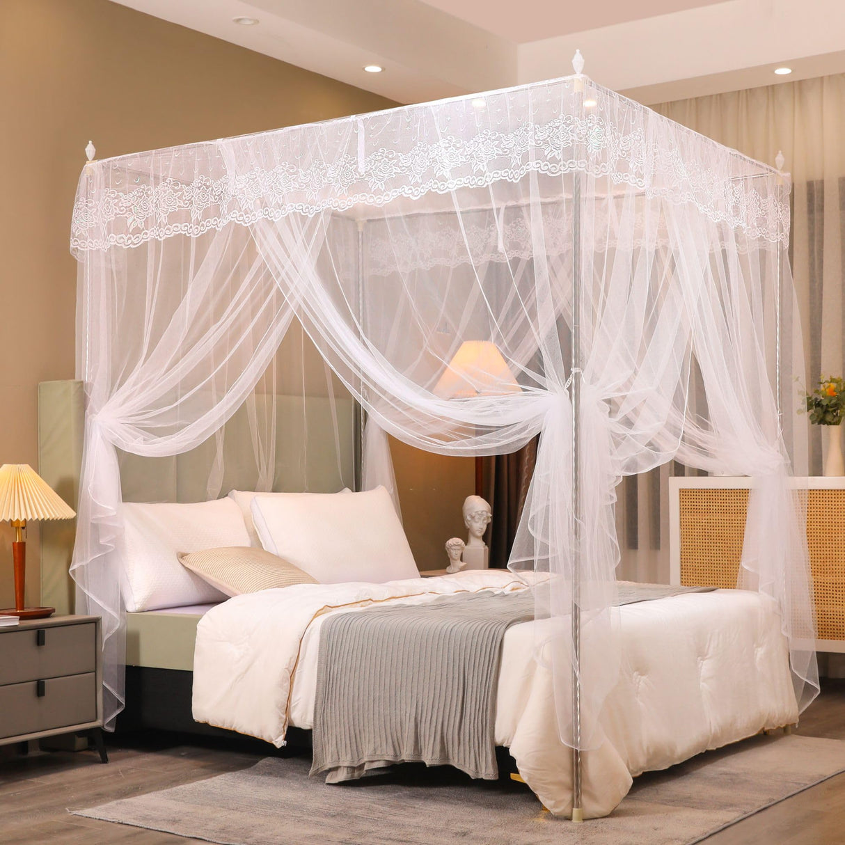 Niemro Canopy Bed Frame, Metal Stainless Steel Four Corner Bed Mosquito Net Frame Bracket Fit for Queen Size Bed, Firmly Fixed to Floor and Not Wobbly. Niemro