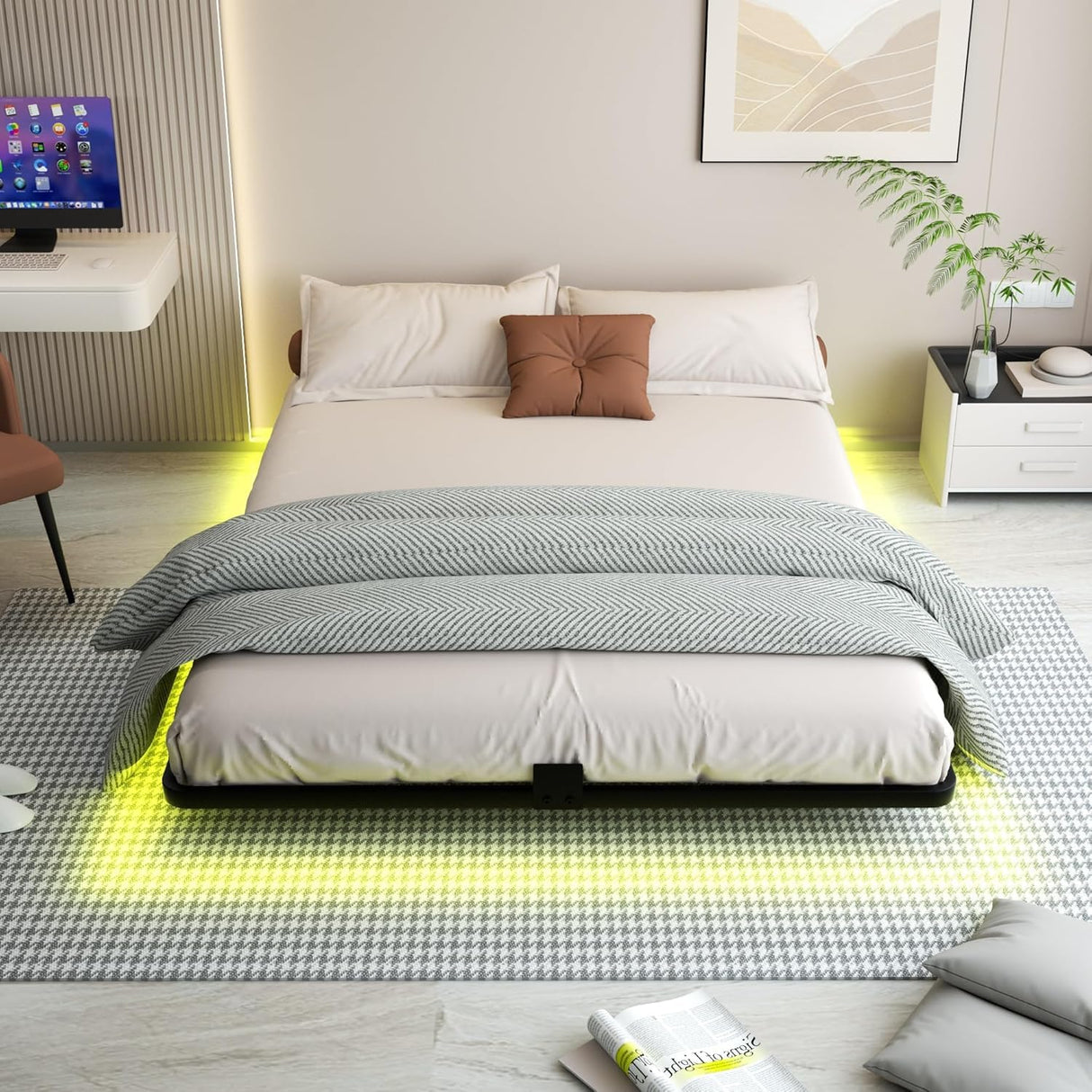 FSJianYi Floating Bed Frame Queen Size with LED Lights Metal Platform Bed No Box Spring Needed Easy to Assemble (King) FSJianYi