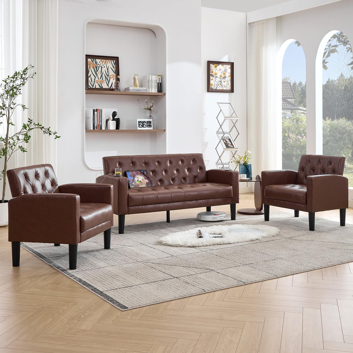 TYBOATLE 62" W Leather Loveseat w/Chairs, 3 Piece Sofa Sets for Living Room w/ 2 USB Charger Ports and 2 Cupholders, Living Room Furniture Sets of 3 (3, Brown) TYBOATLE