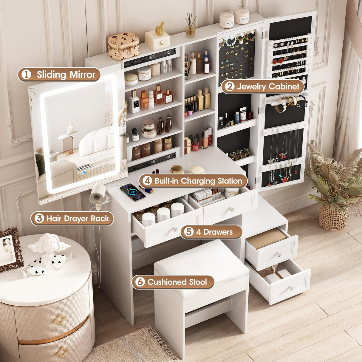 Makeup Vanity Desk with LED Lighted Sliding Mirror, Vanity Table with Jewelry Cabinet and 4 Drawers, Charging Station & Lots Storage Shelves, Adjustable Brightness, Dressing Table Cushioned Stool Set Vabches