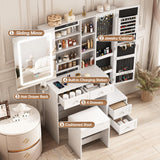 Makeup Vanity Desk with LED Lighted Sliding Mirror, Vanity Table with Jewelry Cabinet and 4 Drawers, Charging Station & Lots Storage Shelves, Adjustable Brightness, Dressing Table Cushioned Stool Set Vabches