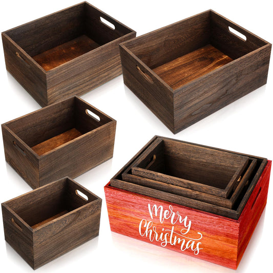 Set of 4 Large Wood Storage Crates Boxes with Handles 4 Size Wooden Nesting Crates DIY Rustic Farmhouse Box Container for Halloween Party Favor Kitchen Bathroom Home Display Storage(Dark Wood Color)