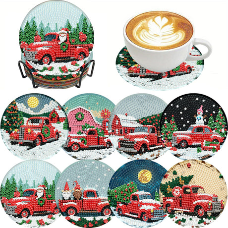 8 PCS Christmas Red Truck Diamond Art Coaster Kits with Holder - Diamond Painting for Adults Beginners - 5D Gem Art Dots Paintings with Cork Pads - Crafts Supplies Clendo